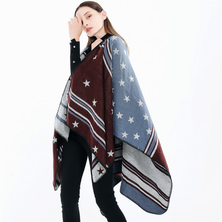 Women’s Ruana Wrap with Star Motif and Two-Tone Jacquard Edge Mune Fashion