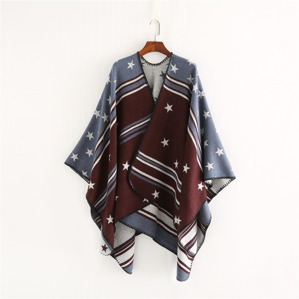 Women’s Ruana Wrap with Star Motif and Two-Tone Jacquard Edge Mune Fashion