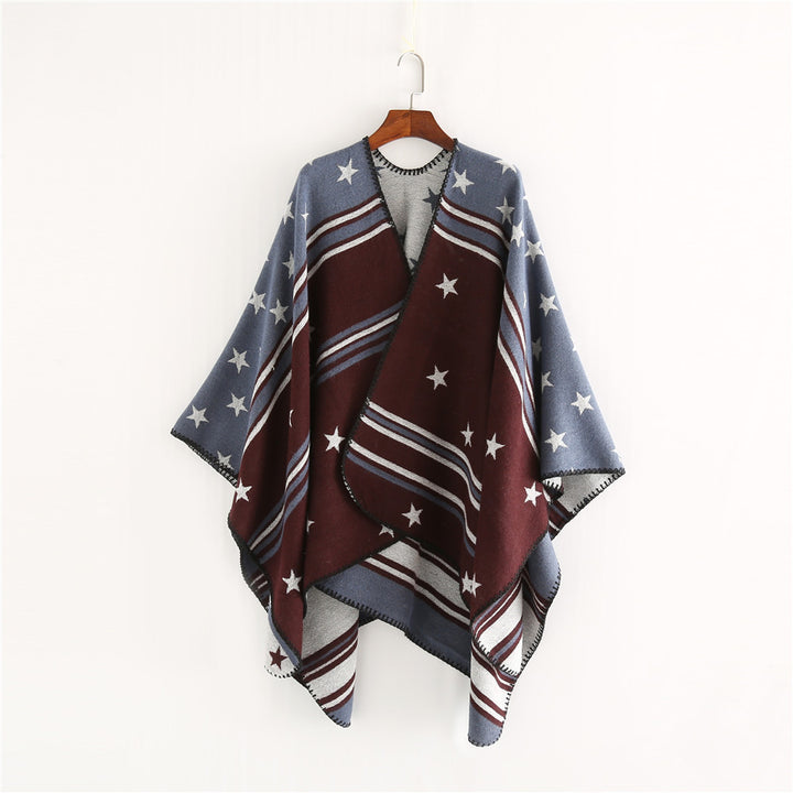 Women’s Ruana Wrap with Star Motif and Two-Tone Jacquard Edge Mune Fashion
