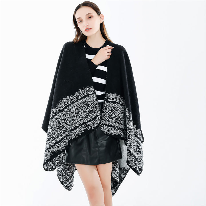 Women's Ornamental patterned Ruana poncho with open kimono fall Mune Fashion