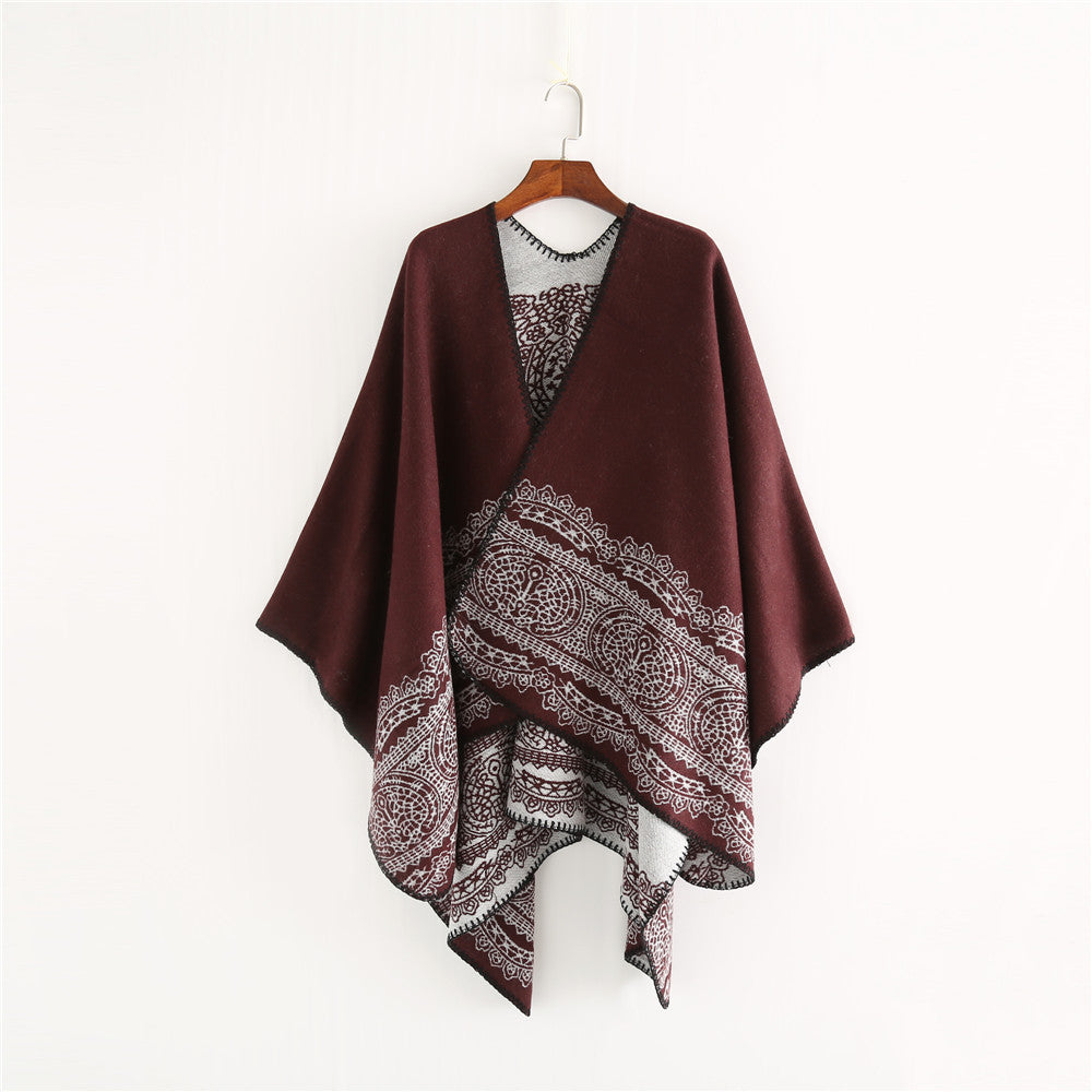 Women's Ornamental patterned Ruana poncho with open kimono fall Mune Fashion