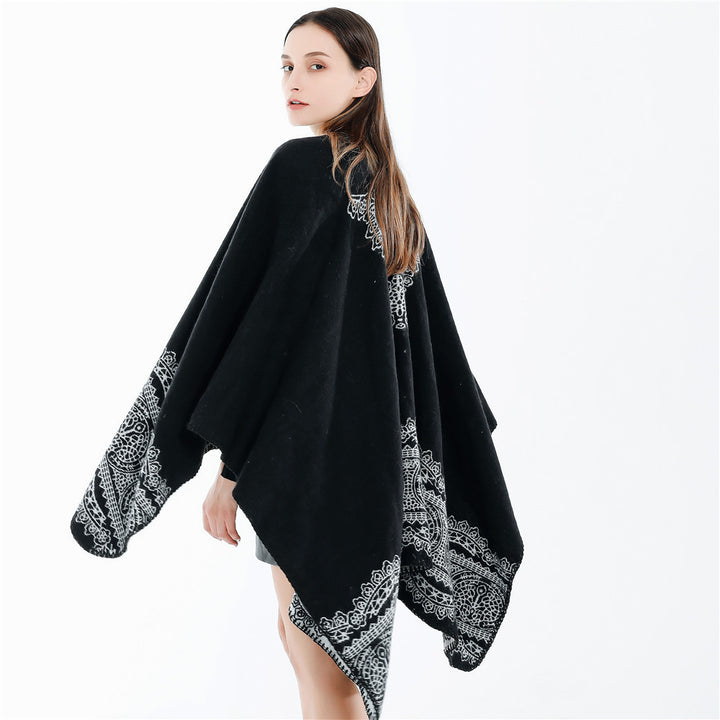Women's Ornamental patterned Ruana poncho with open kimono fall Mune Fashion