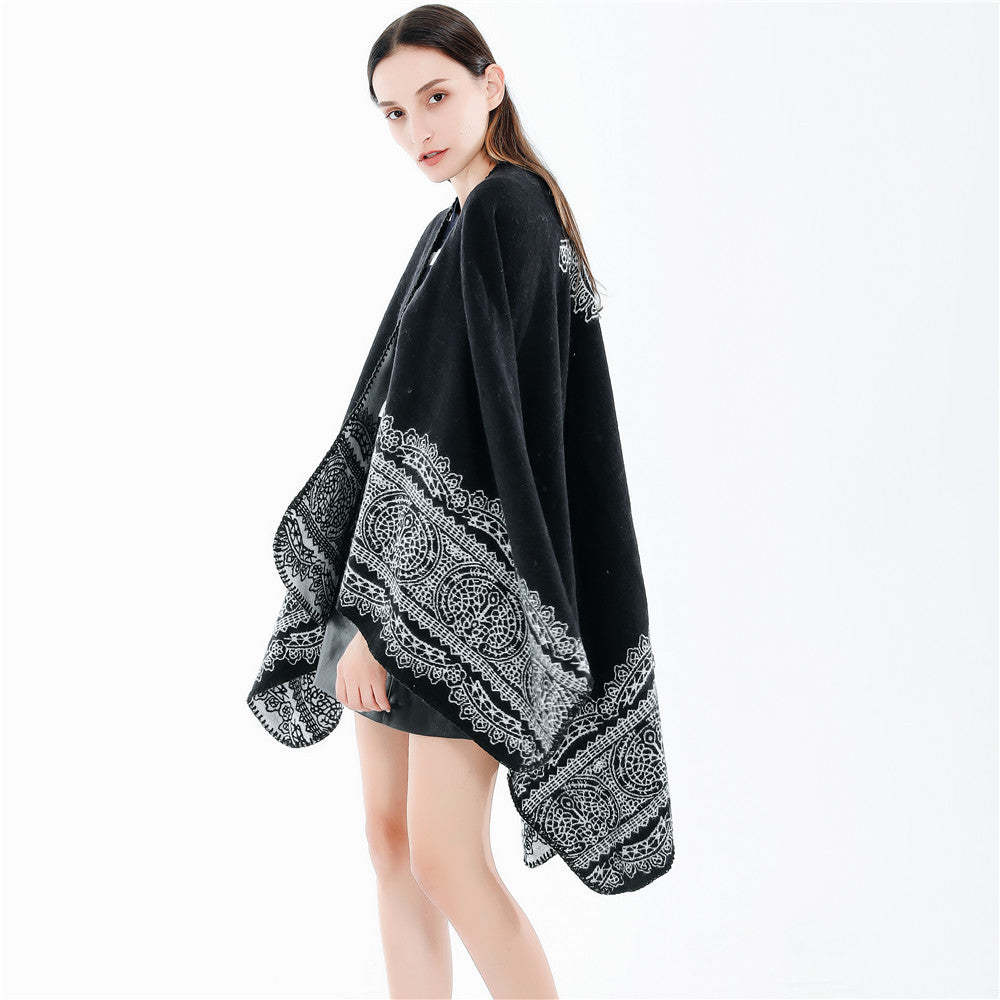 Women's Ornamental patterned Ruana poncho with open kimono fall Mune Fashion