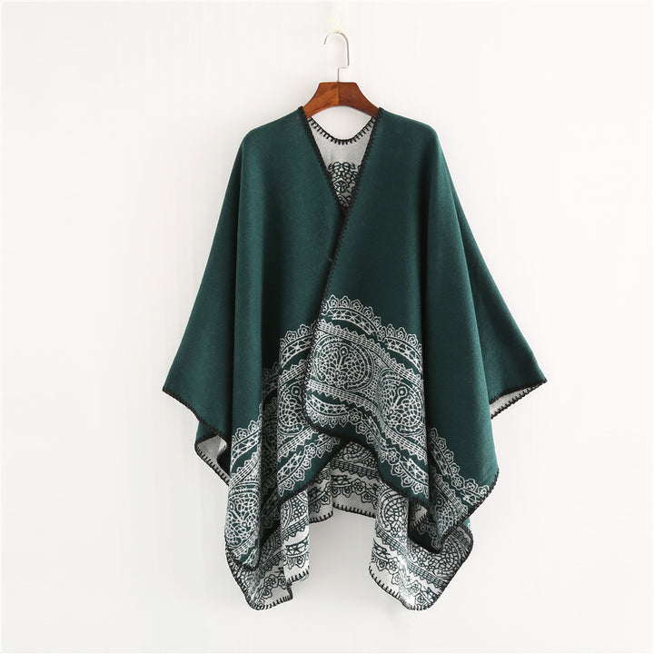 Women's Ornamental patterned Ruana poncho with open kimono fall Mune Fashion