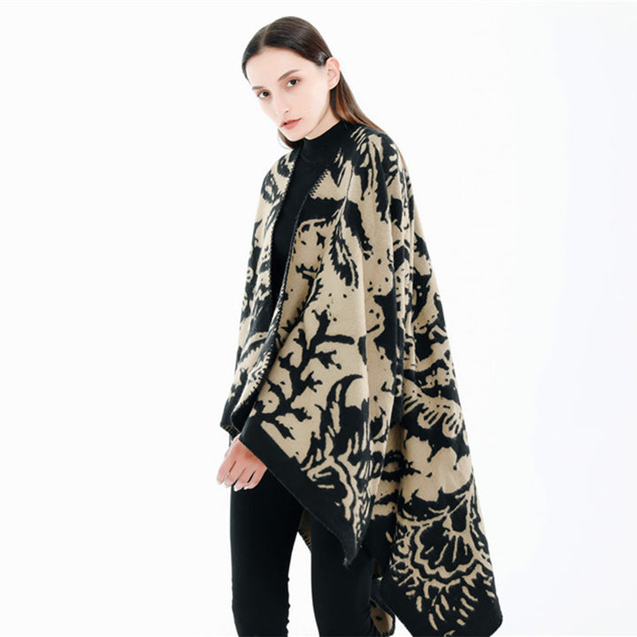 Women's Jacquard Ruana Wrap with Floral Woven Structure and Decorative Edge Mune Fashion