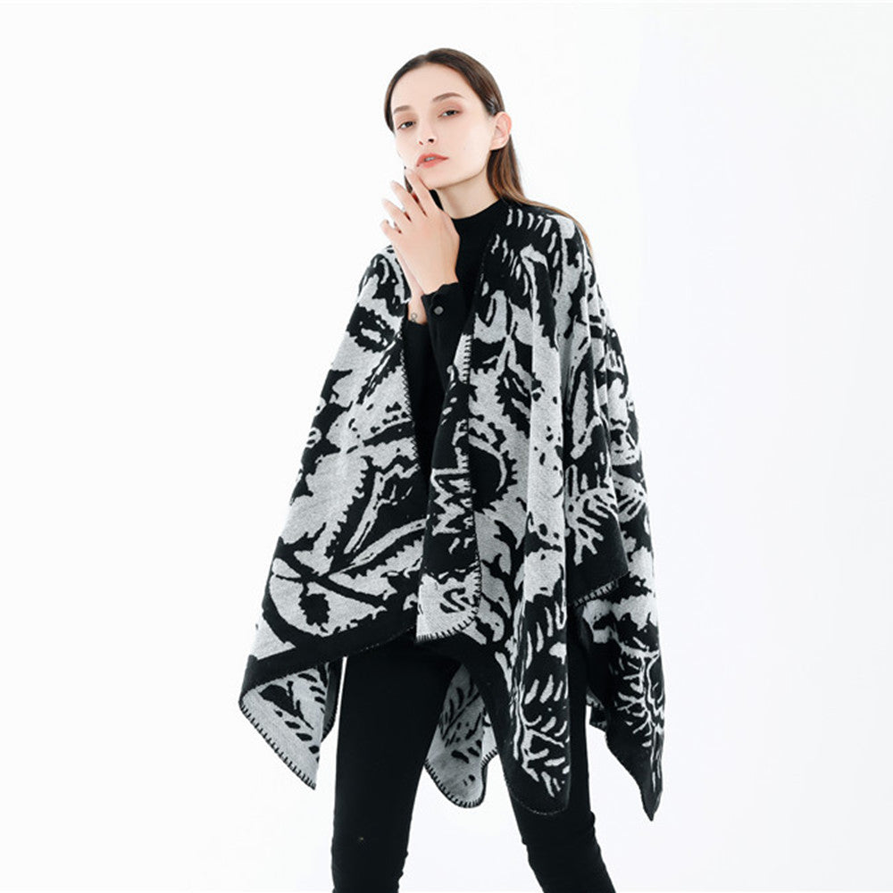 Women's Jacquard Ruana Wrap with Floral Woven Structure and Decorative Edge Mune Fashion