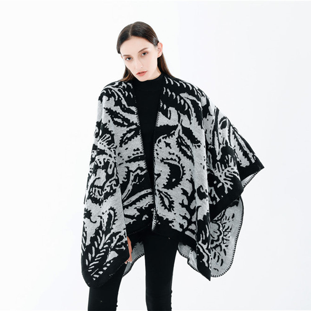Women's Jacquard Ruana Wrap with Floral Woven Structure and Decorative Edge Mune Fashion