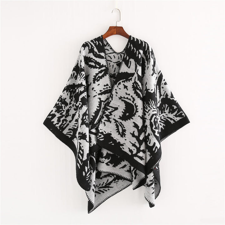 Women's Jacquard Ruana Wrap with Floral Woven Structure and Decorative Edge Mune Fashion