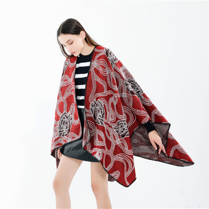 Women's Jacquard Ruana with floral relief and contrasting overlock seam Mune Fashion