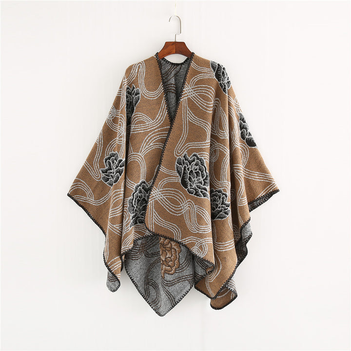 Women's Jacquard Ruana with floral relief and contrasting overlock seam Mune Fashion