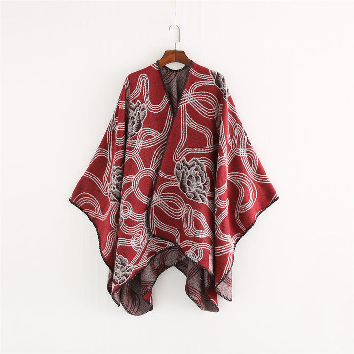 Women's Jacquard Ruana with floral relief and contrasting overlock seam Mune Fashion