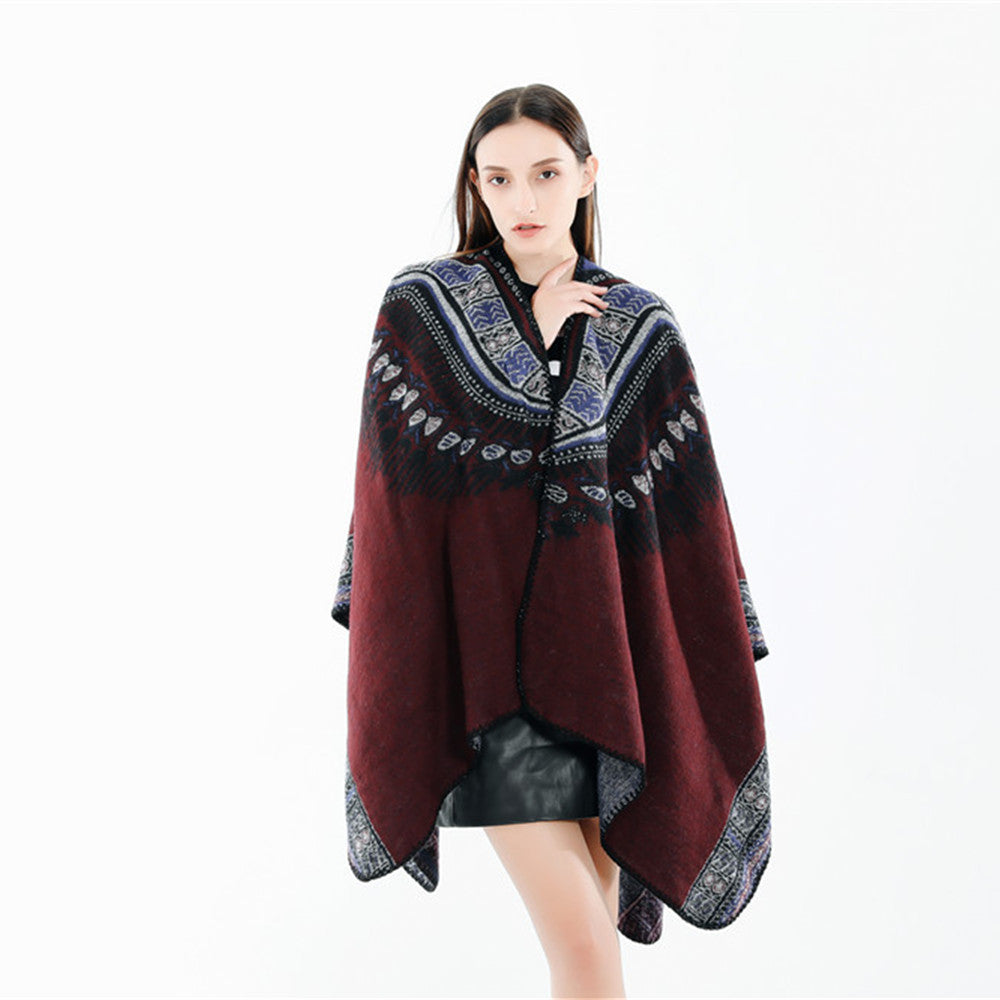 Women's Oversize Ruana Poncho in Ethno Jacquard with V-Neck and Border Edge Mune Fashion