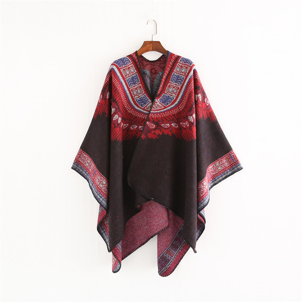 Women's Oversize Ruana Poncho in Ethno Jacquard with V-Neck and Border Edge Mune Fashion