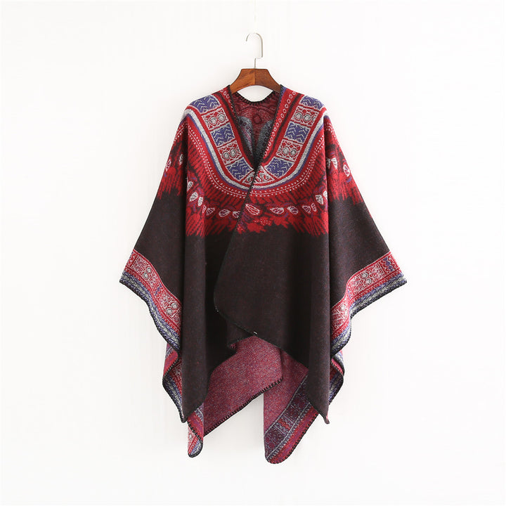 Women's Oversize Ruana Poncho in Ethno Jacquard with V-Neck and Border Edge Mune Fashion