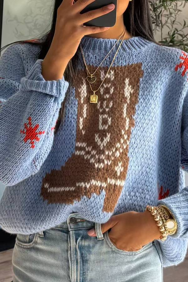 Mune | Christmas Knit Boots Round Neck Long Sleeve Sweater