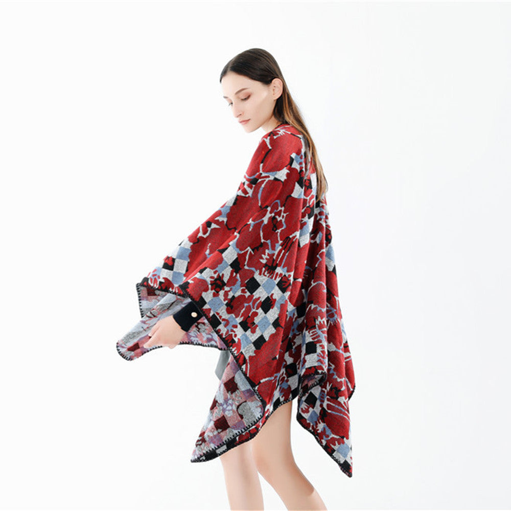 Women's Oversized Ruana with V-Neck and Jacquard Check Floral Pattern Mune Fashion