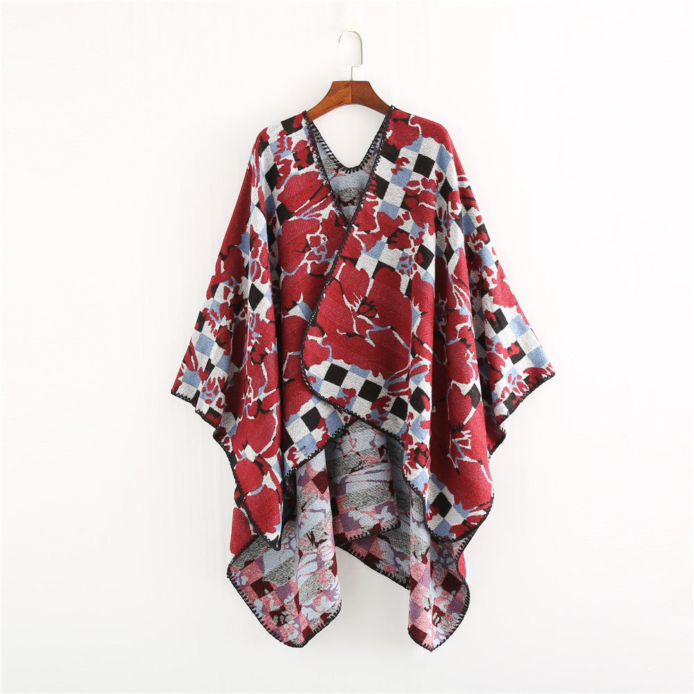 Women's Oversized Ruana with V-Neck and Jacquard Check Floral Pattern Mune Fashion