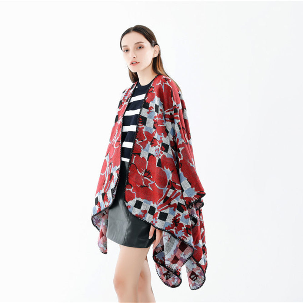 Women's Oversized Ruana with V-Neck and Jacquard Check Floral Pattern Mune Fashion