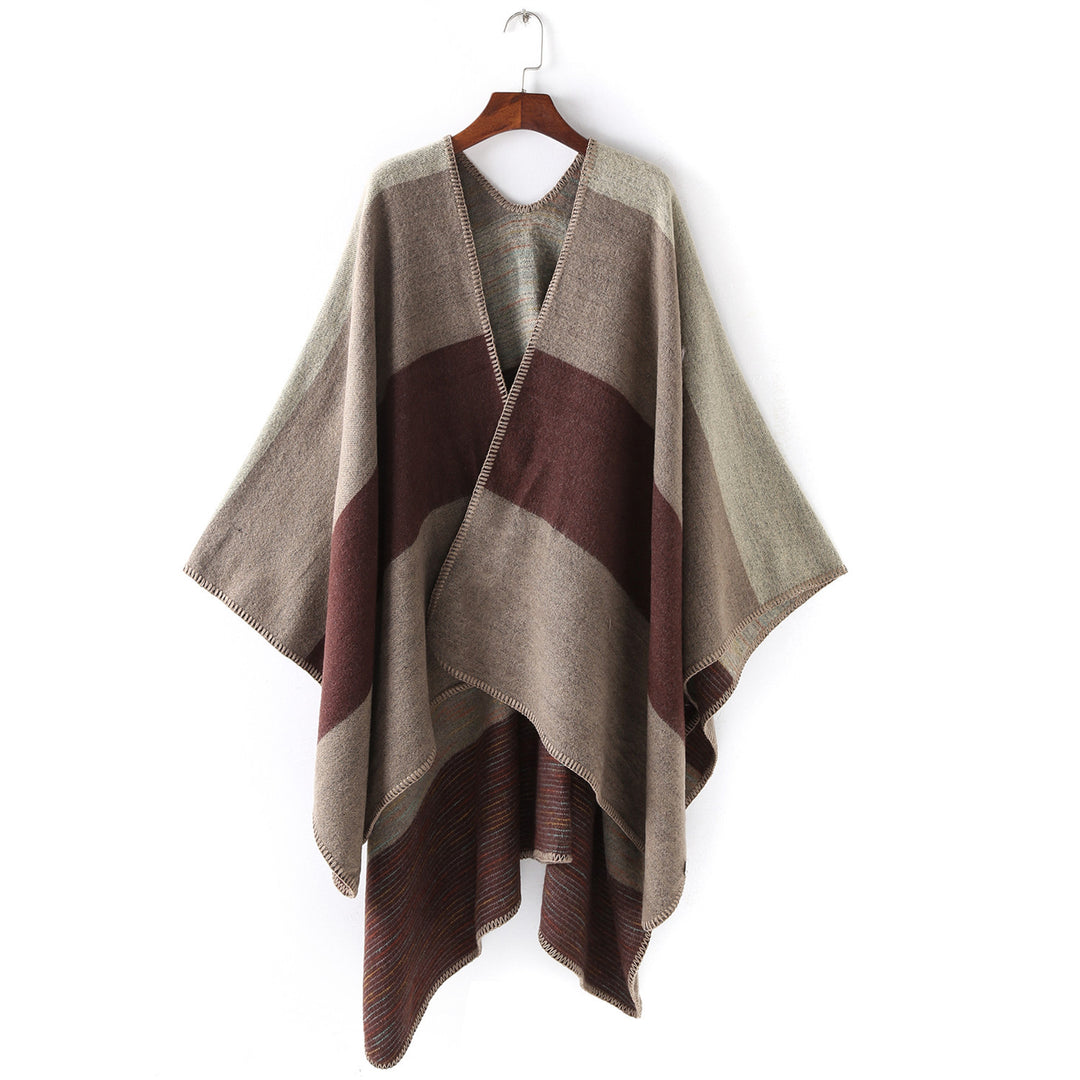 Women Cape-Ruana with two-layer woven structure and graphic block stripe Mune Fashion