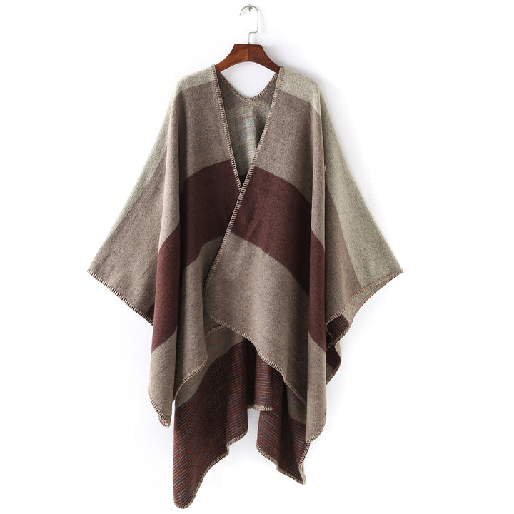 Women Cape-Ruana with two-layer woven structure and graphic block stripe Mune Fashion