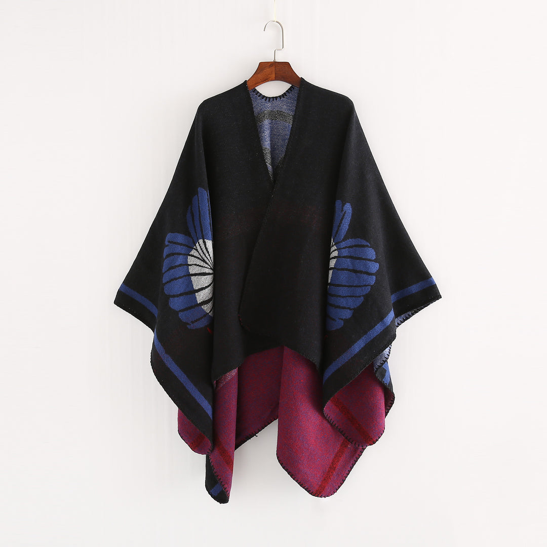 Women's Jacquard Ruana with floral intarsia pattern and two-tone reversible edge Mune Fashion