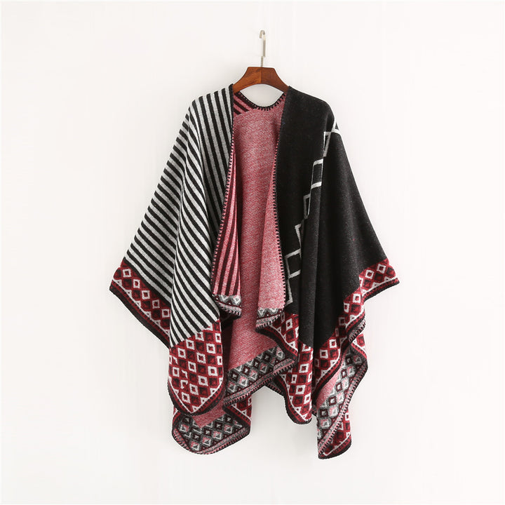 Women Woven Oversize Ruana with Ethno Border and Stripe Structure Mune Fashion