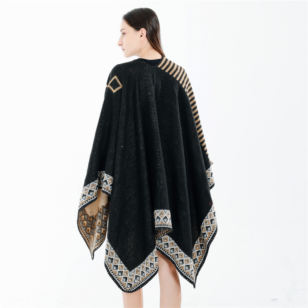 Women Woven Oversize Ruana with Ethno Border and Stripe Structure Mune Fashion