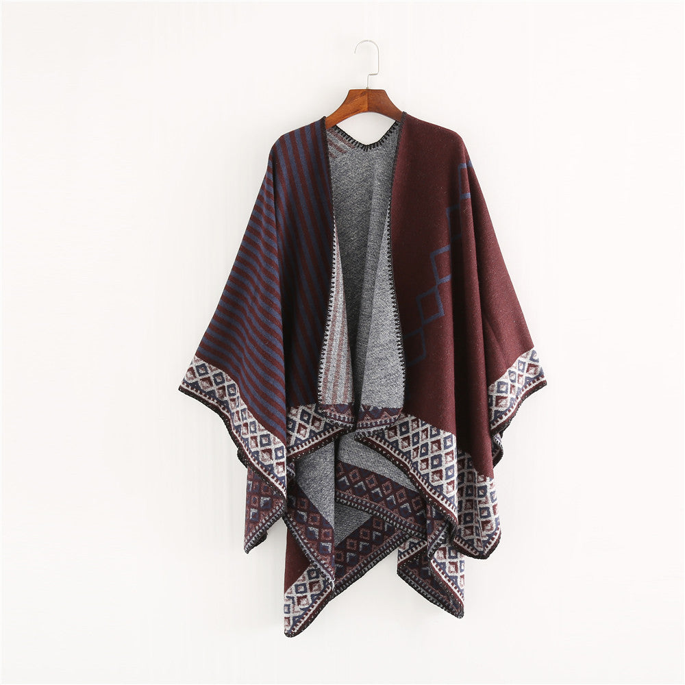 Women Woven Oversize Ruana with Ethno Border and Stripe Structure Mune Fashion