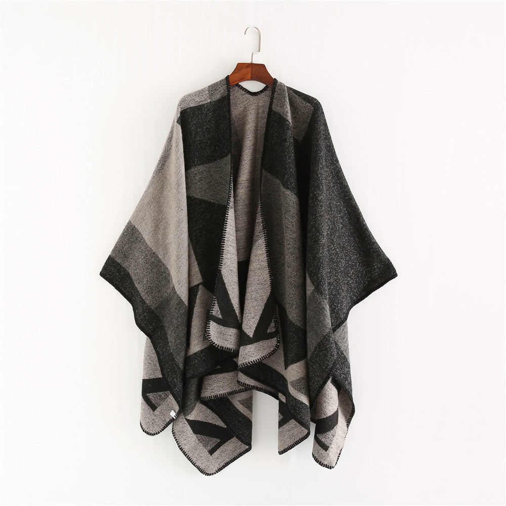Women's Boxy Wool Blend Ruana with Geometric Patch Jacquard and Decorative Stitching