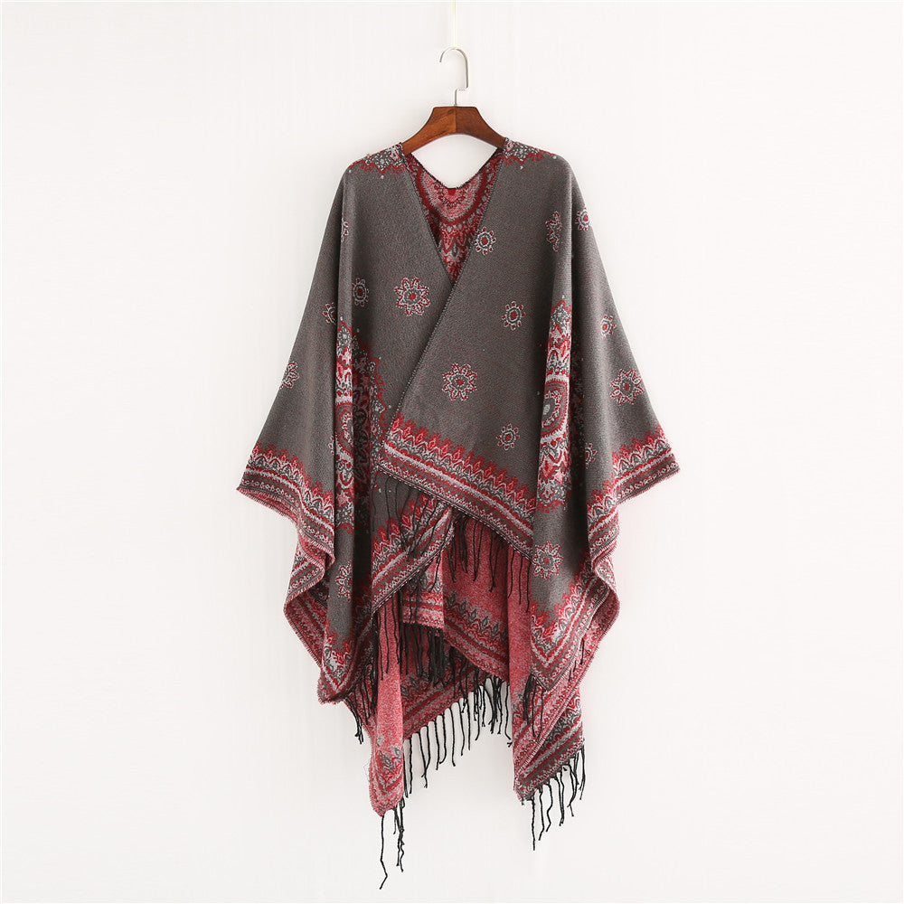 Women's Jacquard Poncho in Oversized Kimono Cut with Fringe
