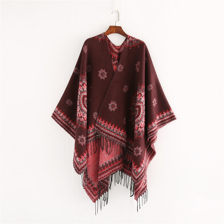 Women's Jacquard Poncho in Oversized Kimono Cut with Fringe