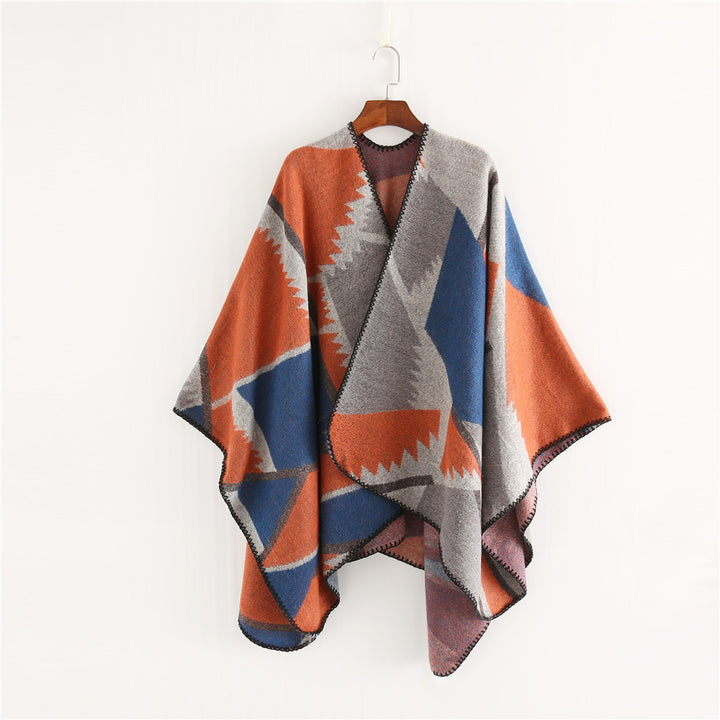 Women's Oversized Geometric Jacquard Poncho made of Wool Blend Mune Fashion