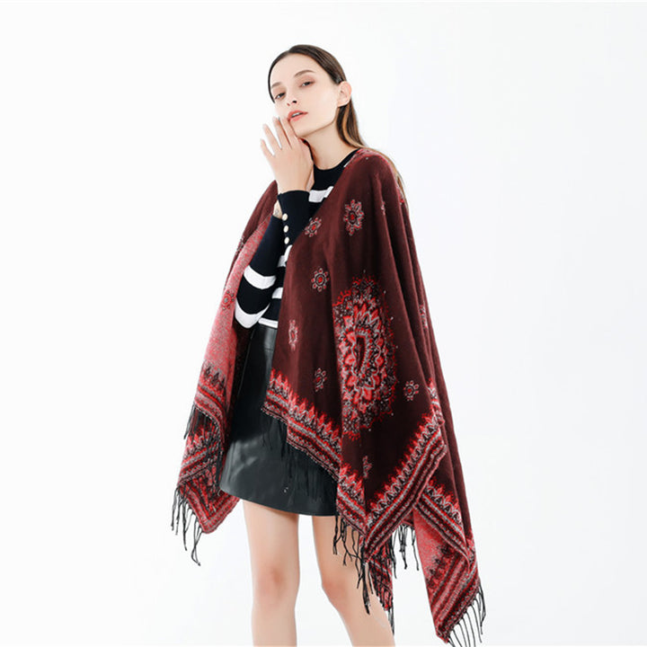 Women's Jacquard Poncho in Oversized Kimono Cut with Fringe