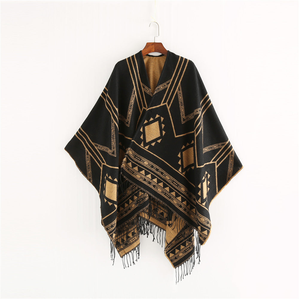 Women's Oversized Fringe Poncho in Aztec Pattern made of Wool Blend Mune Fashion