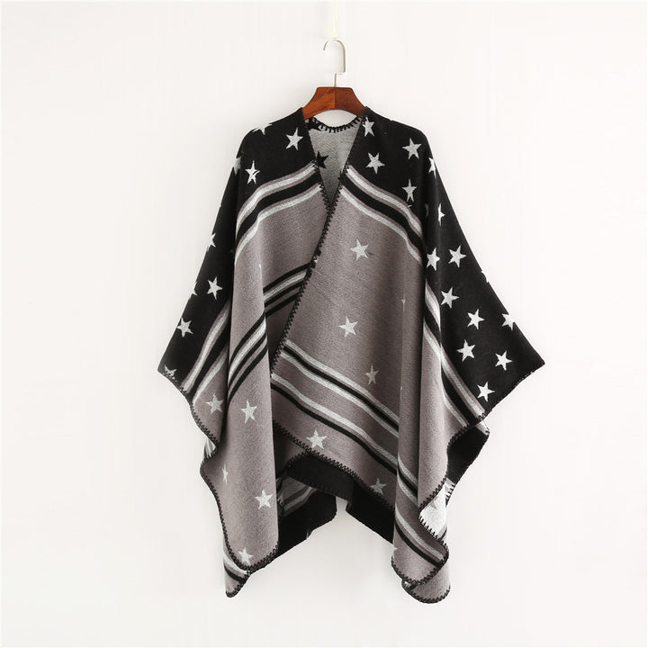 Women’s Ruana Wrap with Star Motif and Two-Tone Jacquard Edge Mune Fashion