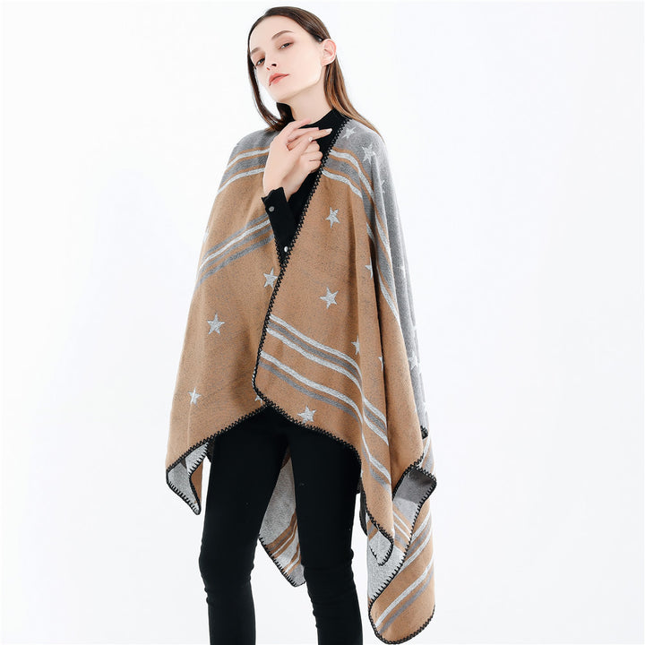 Women’s Ruana Wrap with Star Motif and Two-Tone Jacquard Edge Mune Fashion