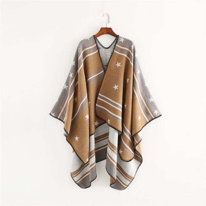 Women’s Ruana Wrap with Star Motif and Two-Tone Jacquard Edge Mune Fashion