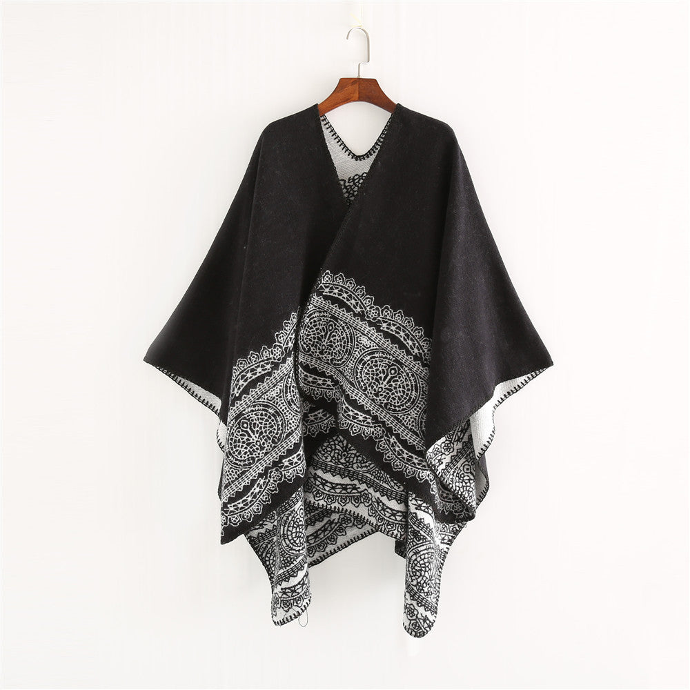 Women's Ornamental patterned Ruana poncho with open kimono fall Mune Fashion