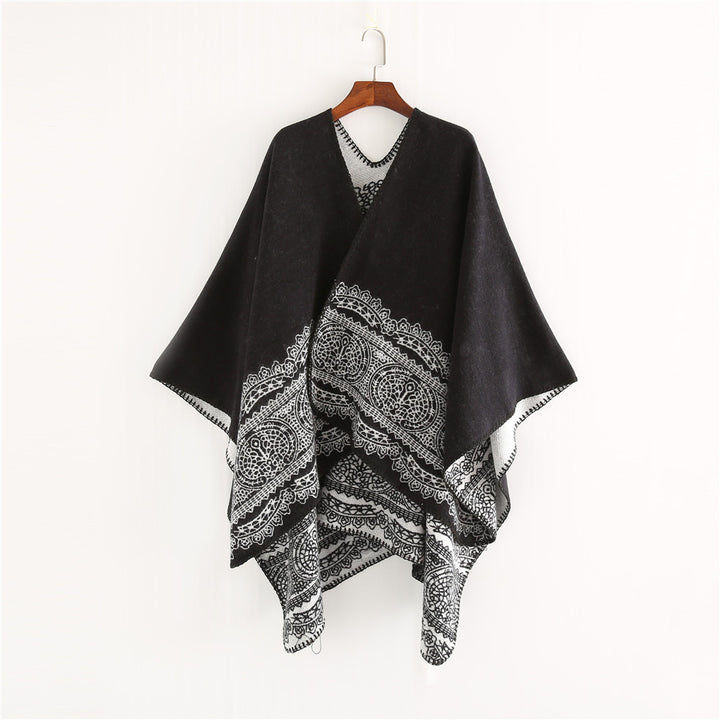 Women's Ornamental patterned Ruana poncho with open kimono fall Mune Fashion