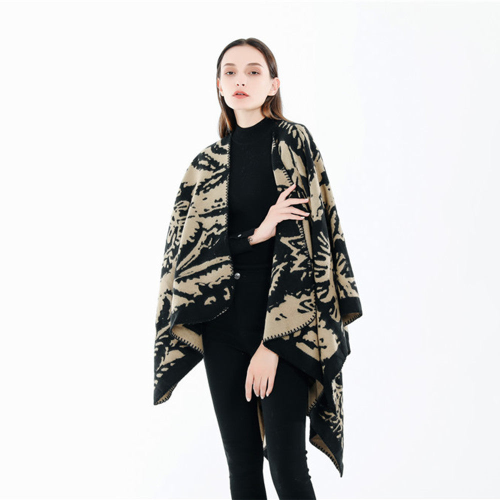 Women's Jacquard Ruana Wrap with Floral Woven Structure and Decorative Edge Mune Fashion