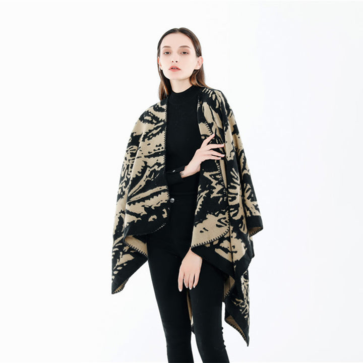 Women's Jacquard Ruana Wrap with Floral Woven Structure and Decorative Edge Mune Fashion