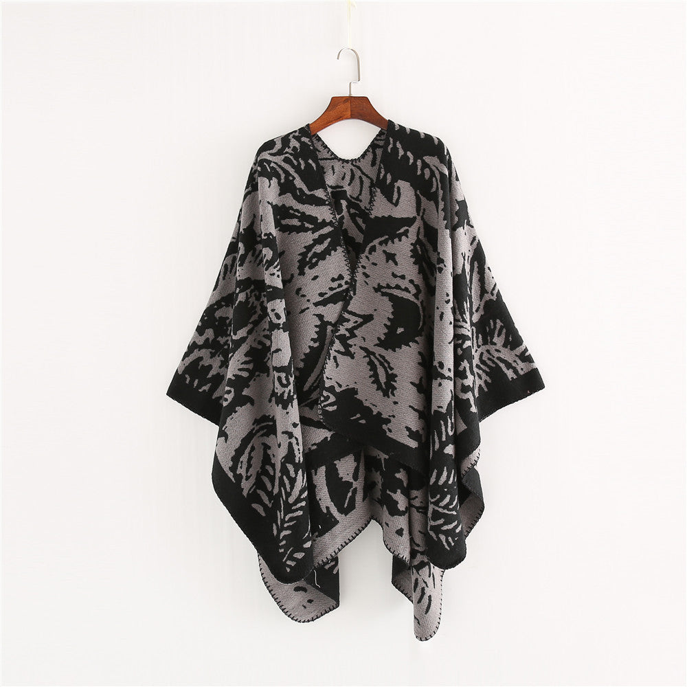 Women's Jacquard Ruana Wrap with Floral Woven Structure and Decorative Edge Mune Fashion