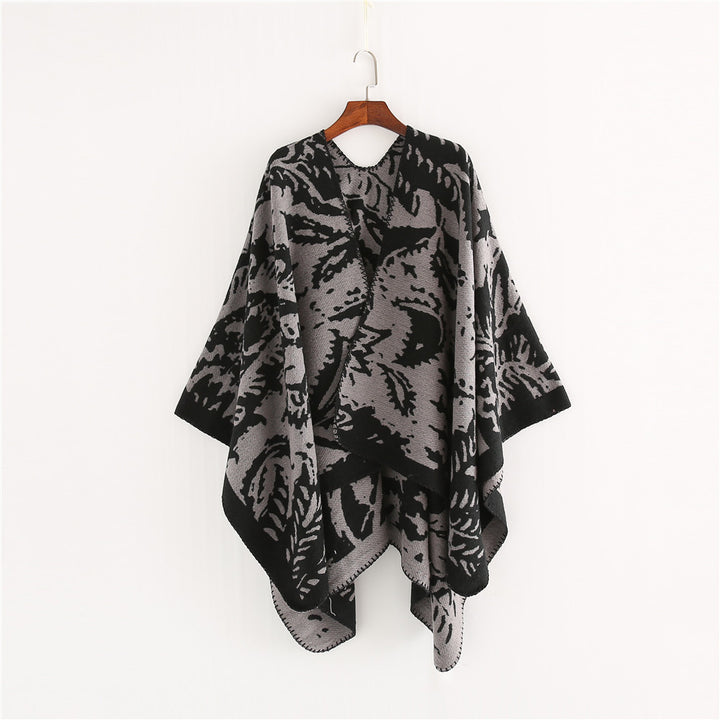 Women's Jacquard Ruana Wrap with Floral Woven Structure and Decorative Edge Mune Fashion