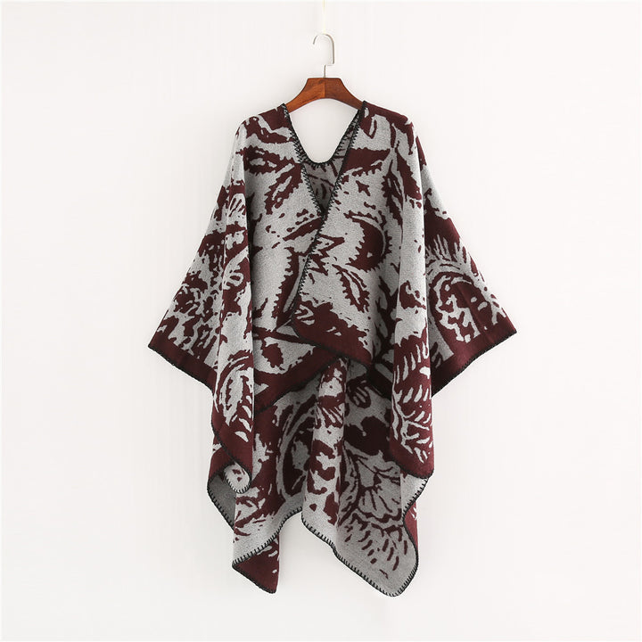 Women's Jacquard Ruana Wrap with Floral Woven Structure and Decorative Edge Mune Fashion
