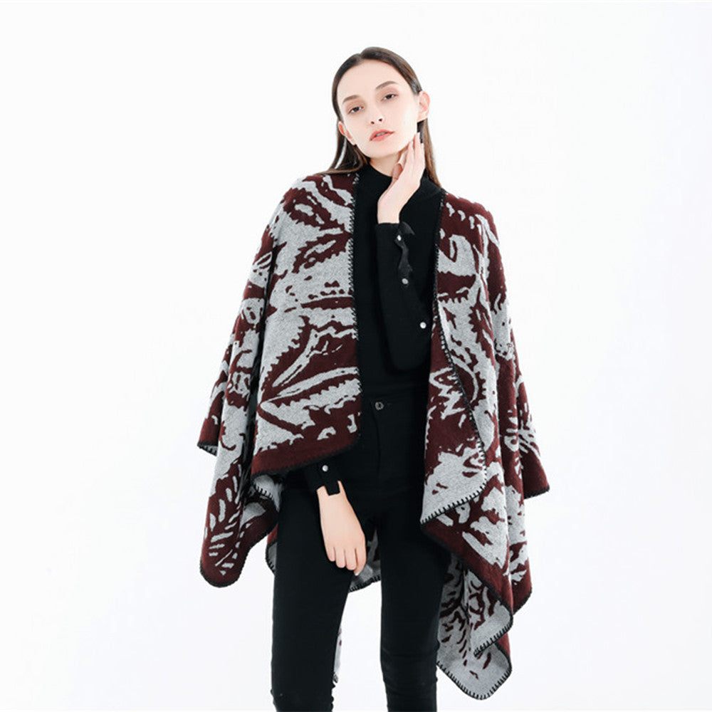 Women's Jacquard Ruana Wrap with Floral Woven Structure and Decorative Edge Mune Fashion