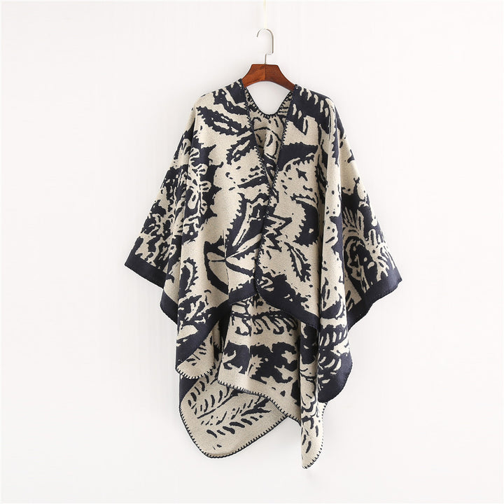 Women's Jacquard Ruana Wrap with Floral Woven Structure and Decorative Edge Mune Fashion