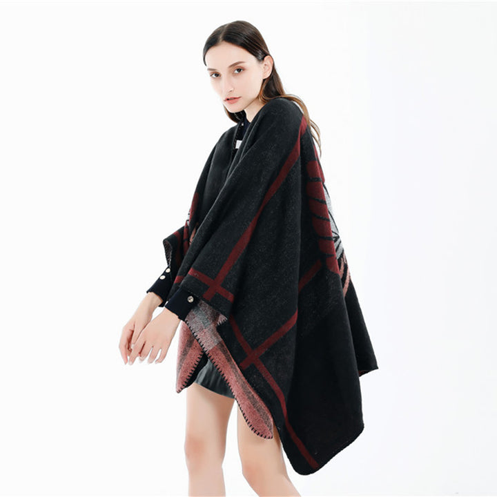Women's Jacquard Ruana with floral intarsia pattern and two-tone reversible edge Mune Fashion