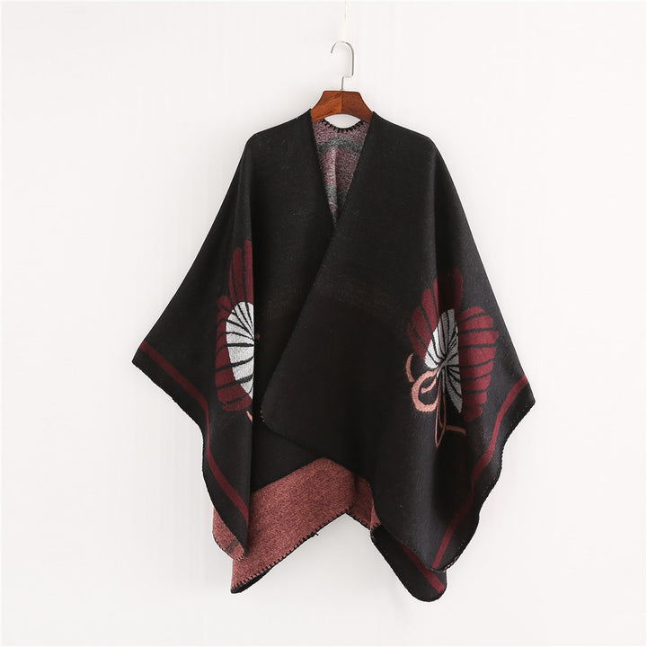 Women's Jacquard Ruana with floral intarsia pattern and two-tone reversible edge Mune Fashion