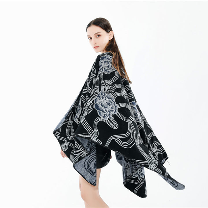 Women's Jacquard Ruana with floral relief and contrasting overlock seam Mune Fashion