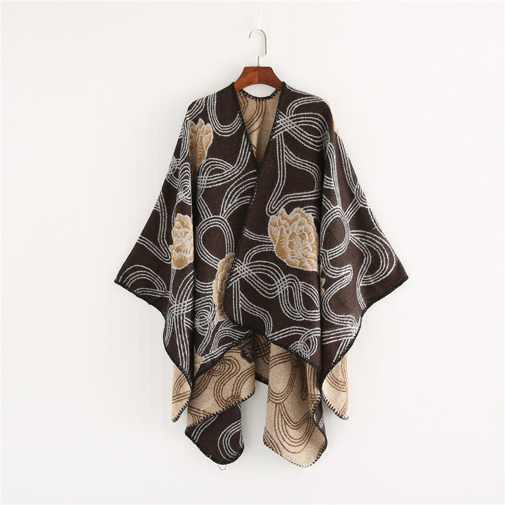 Women's Jacquard Ruana with floral relief and contrasting overlock seam Mune Fashion